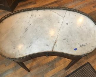 $275.00 Antique Louis XVI style kidney shaped single drawer table with marble top and brass partial gallery - circa 1920s - 1940s - breaks to marble top.