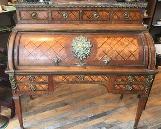 $2,295.00 Louis XVI style Bureau à cylindre (cylinder desk) with fine parquetry inlay, bronze mounts, and marble top.