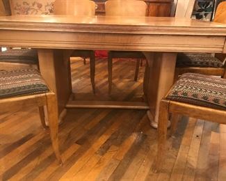 $1,195.00 Antique European Streamline deco dining set. Extension table with 6 matching chairs, custom upholstered with navajo inspired fabric.  