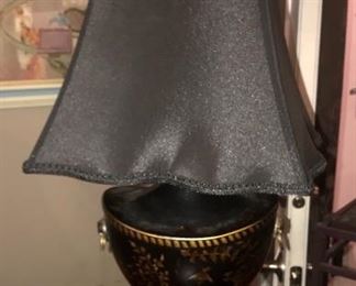 $25.00 Toleware style black lamp with Chinoiserie decoration and black shade.  