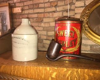 $65.00 Red Sweet Burley Tobacco tin, 10 Ib. Size .  $20.00 Large antique fake wooden fake, most probably an advertising piece.   