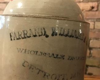 $105.00 Crock from Farrand, Williams Drugs, Detroit, Michigan.  Opened 1866 as Farrand, Shelley & Co.  crock probably from 1870-80’s.  Also was Farrand & Williams Paint Co. in 1905.  