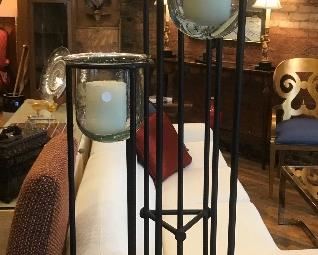 $85.00 Set of 3 wrought iron and hand blown glass style floor standing candle holders with battery powered candles  