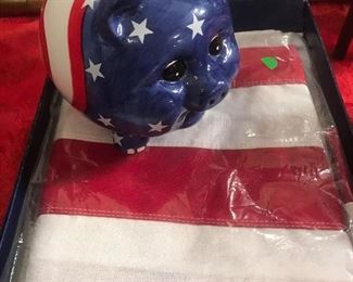 $10.00 Red, white and blue piggy bank.  $15.00 American flag 50 stars. 