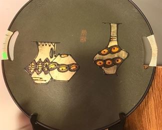 $12.00  Cool mid century round tray with Chinese decoration in dark green.
