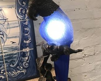 $45.00 Blue parrot lamp AS IS - chip to tip of tail fathers in back 
