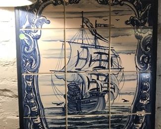 $75.00 12 tile Dutch delft wall hanging of ship.    