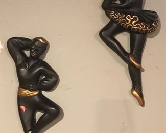 $65.00 Pair of hand-painted plaster wall hanging dancers, circa 1950s 