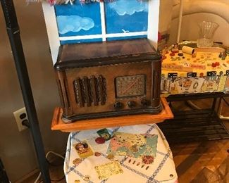  $45.00 Made for WKAR TV Auction for the MSU Public television channel.  This was auctioned off in 2002 as a whimsy table with widow attached and a radio, which doesn’t work.  All attached together with the poster of provenance. 