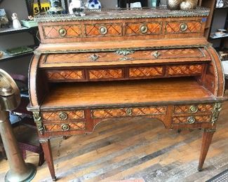 $2,295.00 Louis XVI style Bureau à cylindre (cylinder desk) with fine parquetry inlay, bronze mounts, and marble top.