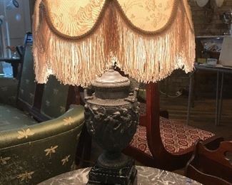 $195.00 Hollywood Regency style, vintage table lamp with Grecian urn form on marble and wood base