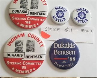 $3.00 each Dukakis Bentsen 1988 political buttons  