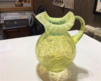 $99.00 Fenton Vaseline opalescent Daisy and Fern lemonade pitcher.  Old new stock with box.  
