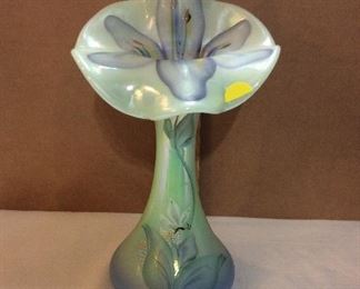 $95.00 Fenton Jack in the pulpit vase, sea green glass, hand painted, signed by George and Nancy Fenton - circa 1998