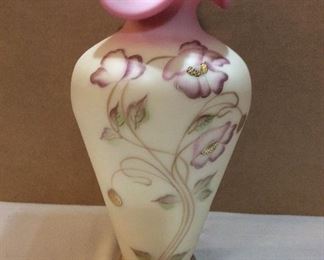 $145.00 Fenton Burmese Poppies vase #2 designed by Martha Reynolds and hand painted by Stacy Williams, limited to an edition of 2,500