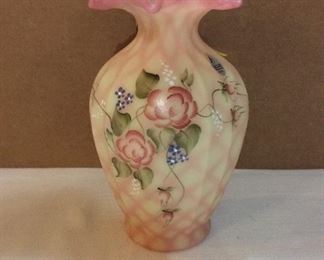$75.00 Fenton Burmese lattice vase, hand painted and artist signed, with ruffled top
