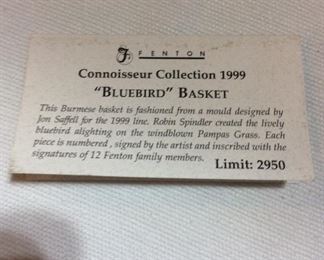 $95.00 Fenton Burmese Bluebird Basket, family signed - circa 1999 
