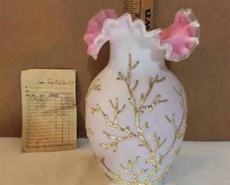 $85.00   Victorian cased glass vase with applied gold branches.  Stevens & Williams?  