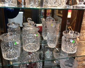 $50.00 (left) 7" Waterford "Lismore" Biscuit Jar. $35.00 Crystal Biscuit Jar. $15.00 8" Crystal Vase. $50.00 Waterford Biscuit Jar. 