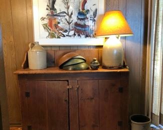 Antique Dry Sink, #3 Pottery, Bell, Wooden Dough Bowls, Painting by Darren Vigil Gray