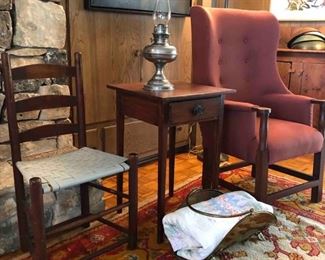Shaker Chair, Antique kerosene lamp, arm chair 