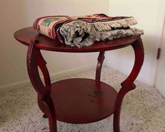 Red Painted and Carved Side Table, Woven Rug