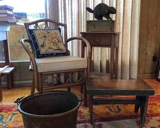 Brass Cauldron, Wooden Stool, Brass Beaver