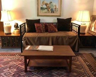 Day Bed, Mid- Century Coffee Table, Side Tables, Lamps, Center Rug 