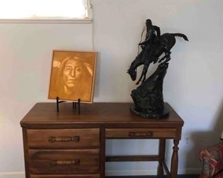 Wooden Desk, Brass Sculpture