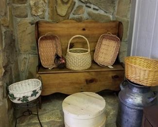 Storage Bench, Vtg Barrel and baskets