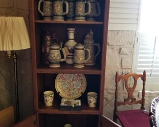 Wood Bookcase and Vintage Steins