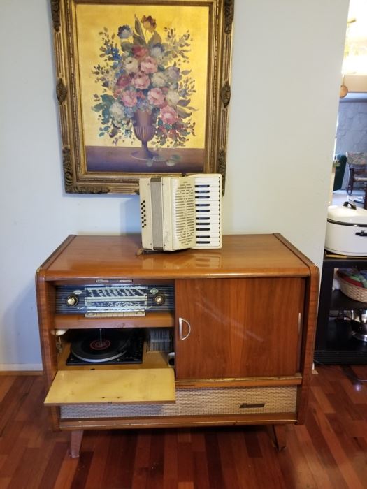 MCM Stereo with Record player & Vintage Accordian