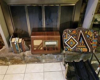 Vintage radio, books, suit case