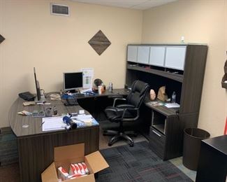 Large, Executive desk set. Only damage is broken file cabinet door.  Has matching bookcases.