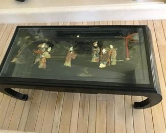 Chinese Black Lacquer Mother of Pearl glass top coffee table