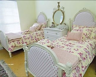 Vera Bradley Upholstered Twin Beds with Bedding.  White Chest.  Antique French Gold Gilded Mirror