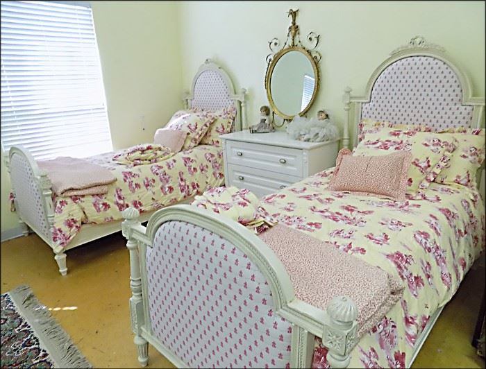 Vera Bradley Upholstered Twin Beds with Bedding.  White Chest.  Antique French Gold Gilded Mirror