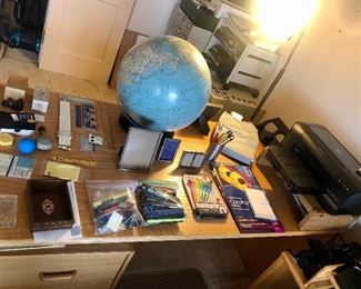 Office supplies, Printer, Globe, Desk