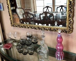 Gold Framed Mirror, Side Table, Serving glassware, Decanters 