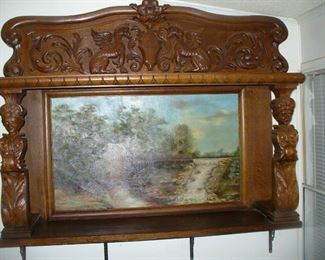 Important R.J. Horner carved oak back bar carved Caryatids and Griffons with an original local Georgia Kennedy Pond Mill landscape circa 1890 or install a mirror