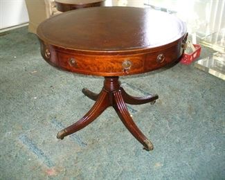 Antique Regency mahogany leather revolving top Drum Table on brass castor wheels. large 34" diameter top 27" high