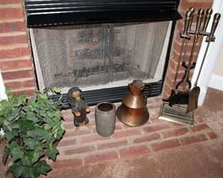 Copper items, brass fireplace tools, small crock