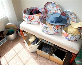 Upholstered bench, ladies hats (some vintage)