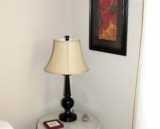 Framed print, lamp, side table