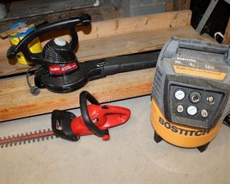 Bostitch 150 PSI 6 gal. air compressor, Toro electric blower, Craftsman hedge trimmer