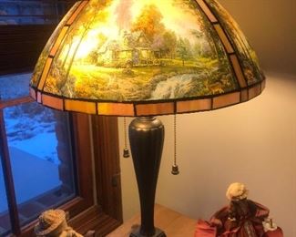 Thomas Kincade lamp with beautiful nature scene, collection of corn husk dolls