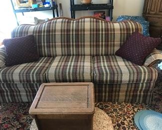 Plaid sofa- like new, rug is for sale, antique commode
