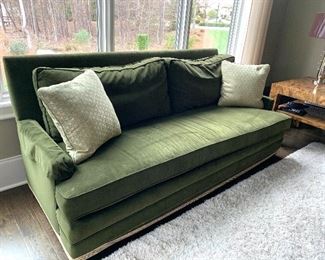 Pair of matching green velvet sofas by Vanguard, American Bungalow collection, (also comes with neutral color slip covers)