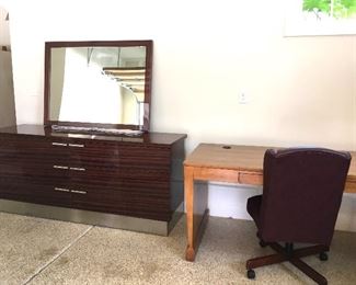 67” wide 6 drawer Italian dresser with mirror (on left)
Century desk 64” by 30” with leather chair 