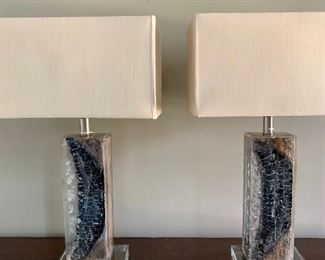 Pair of unique glass or acrylic lamps....pillars with burnt wood (?) inside